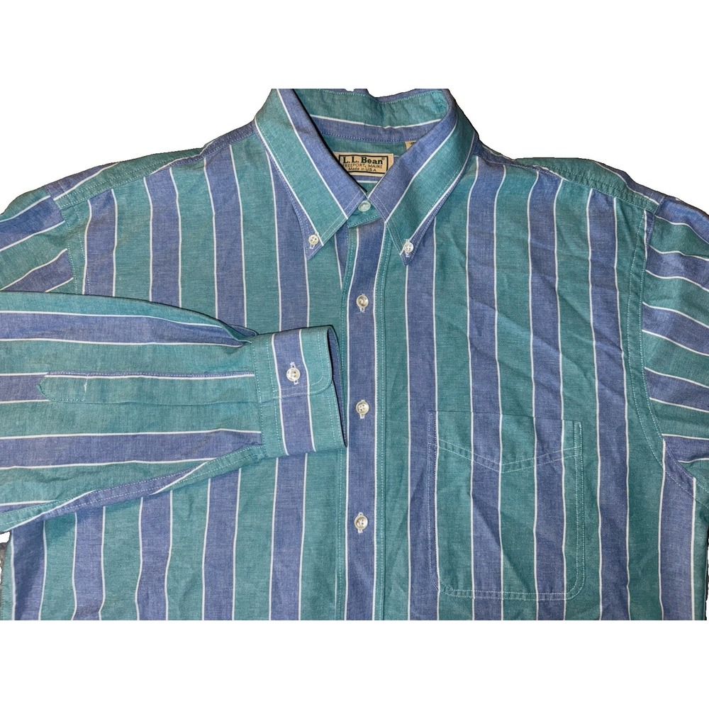Vintage LL Bean Shirt Mens Medium Blue Green Striped Button Up Made in USA 90s